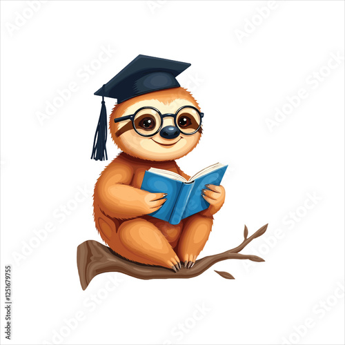 That cute sloth reading a book on a branch wearing graduation cap and glasses