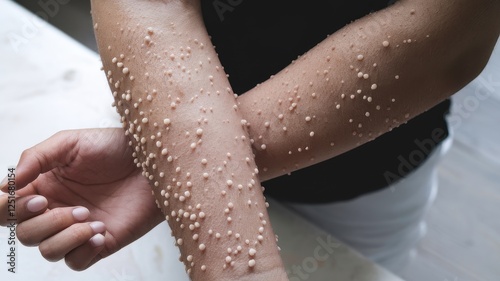 Medical Image: Close-up view of Molluscum Contagiosum skin lesions on arms. photo