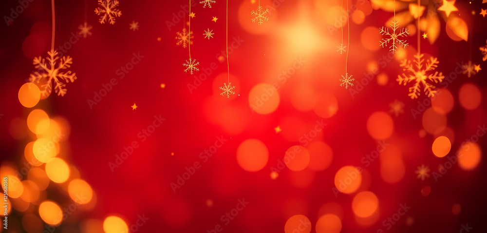 Festive Red Background with Hanging Snowflakes and Glowing Bokeh Lights Festive Red Background with Hanging Snowflakes and Glowing Bokeh Lights