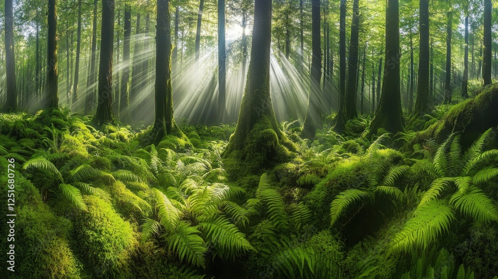 Fototapeta premium A breathtaking ancient forest where the ground is carpeted with vibrant green moss and delicate ferns, as soft sunlight filters through the dense canopy above