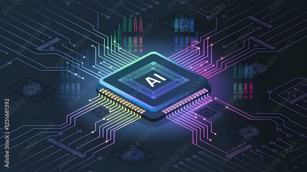 Fototapeta premium Futuristic AI Chip with Colorful Circuitry. Embracing Advanced Technology