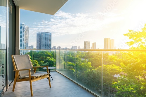 Bright and Inviting Balcony Space Featuring a Simple Outdoor Chair and Small Table Against a Stunning Cityscape Backdrop in Vibrant Sunlight