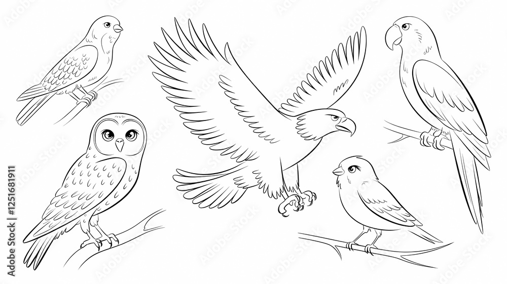 Naklejka premium Hand-Drawn Bird Illustrations. Diverse Collection of Owls, Hawks, and Parrots