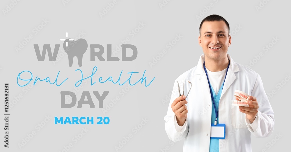 © Pixel-Shot - Dentist with tools and jaw model on light background. Banner for World Oral Health Day