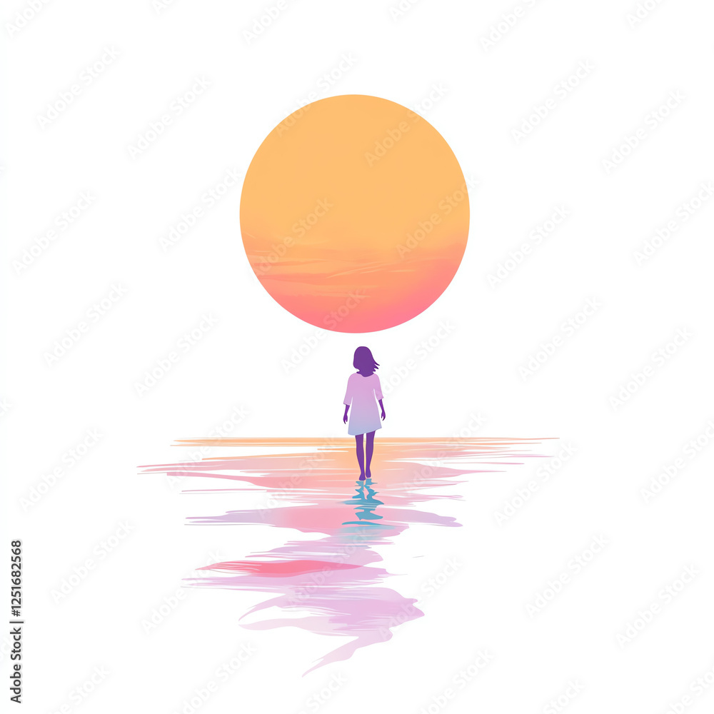 A serene moment capturing a figure standing alone by the water, gazing at a vibrant sunset A serene moment capturing a figure standing alone by the water, gazing at a vibrant sunset