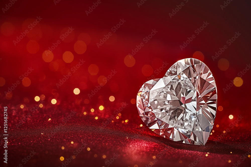 Fototapeta premium A breathtaking heart-shaped diamond, flawlessly cut with brilliant facets that reflect light in a dazzling display, elegantly placed on a luxurious deep red background