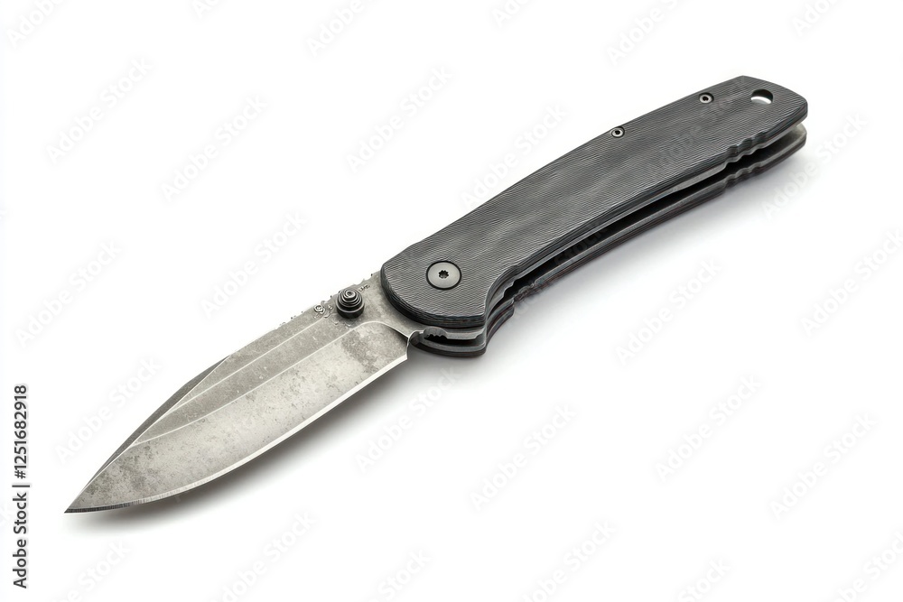 Sleek gray folding knife with carbon fiber handle, isolated on white. Sleek gray folding knife with carbon fiber handle, isolated on white.