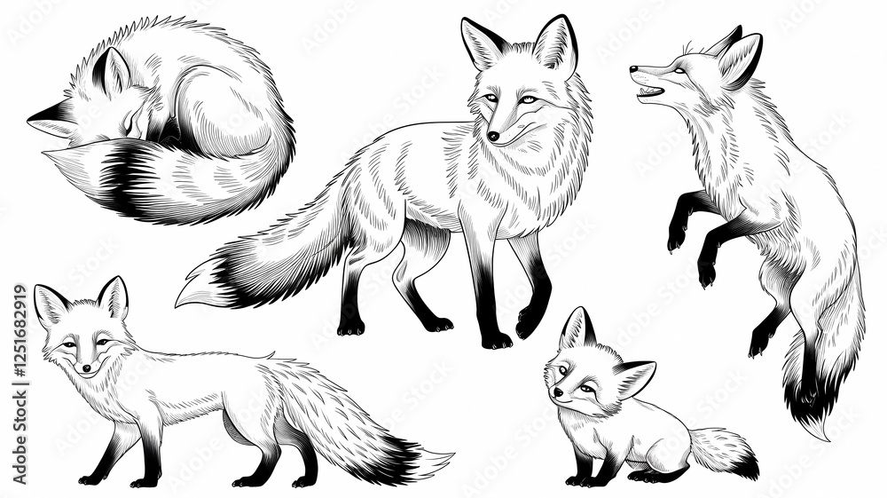 Fototapeta premium Line Art Illustrations of Playful and Relaxed Foxes in Various Poses