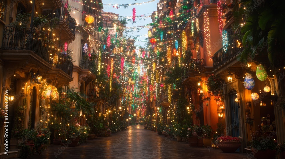 Fototapeta premium Evening Street Lit with Colorful Lights and Decorations.