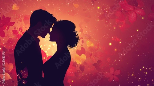 Silhouettes of Love: A tender embrace unfolds against a backdrop of romantic hearts and shimmering lights, capturing the intimate connection between two souls. photo