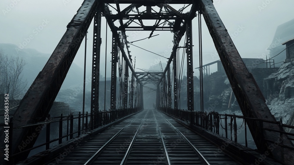 Fototapeta premium Rusty railroad bridge in dense fog, overlooking a desolate, abandoned town.