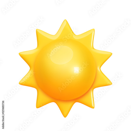 Yellow glossy sun icon with rays in realistic style isolated on white background. Weather icon design for website and mobile app. 3d sunny day sign. Vector illustration