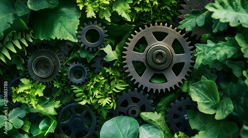 Gears blending with naturea??s foliage, illustrating innovation and eco-friendly technology photo