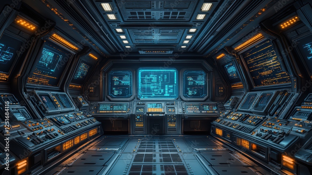 Obraz premium Futuristic control room with screens and controls for monitoring systems.