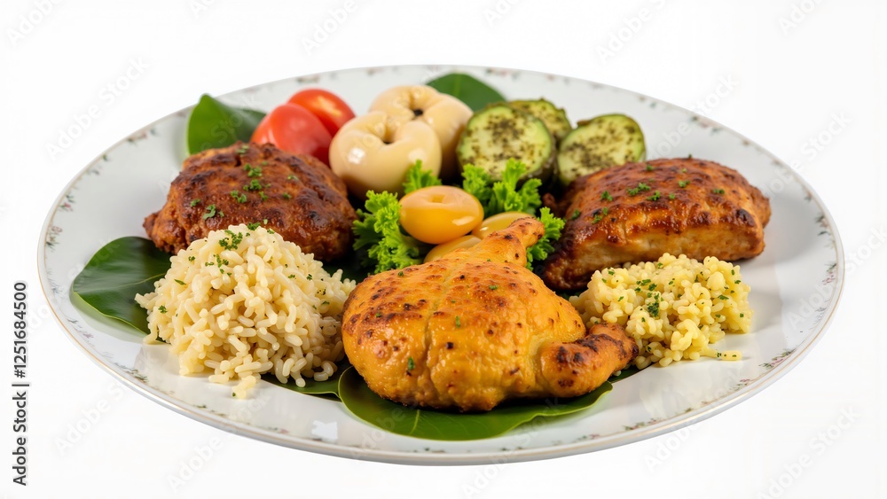 Gourmet Grilled Meat Platter with Rice, Vegetables, and Fruit Garnish Gourmet Grilled Meat Platter with Rice, Vegetables, and Fruit Garnish