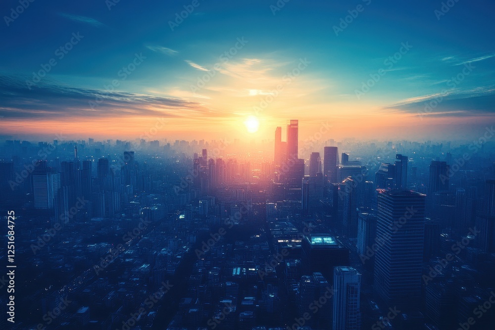 Fototapeta premium Cityscape view at sunrise with bright sun over skyscrapers