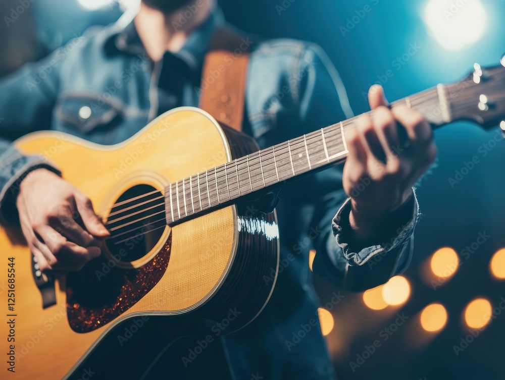 Obraz premium A musician plays an acoustic guitar on stage, surrounded by bright lights and a vibrant atmosphere.