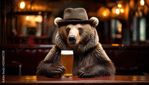 Funny bear wearing a hat enjoying a beer drink at a rustic bar during the evening