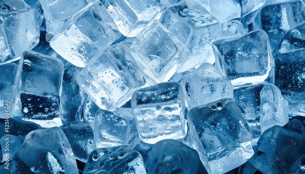 Detailed composition of clear ice cubes with visible water droplets Detailed composition of clear ice cubes with visible water droplets