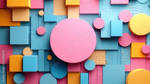 Colorful geometric shapes arranged in a vibrant abstract design.