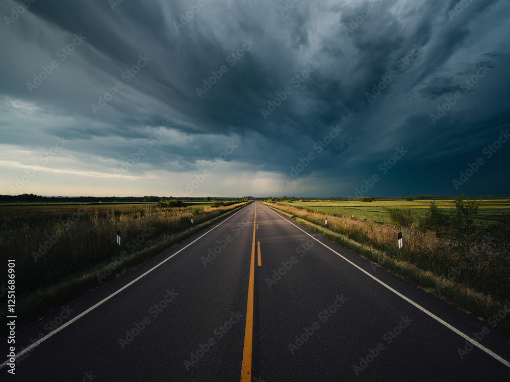 Naklejka premium Realistic image of an empty straight road with vivid yellow centerline, framed by lush grass and wild vegetation, under dramatic storm clouds casting soft shadows