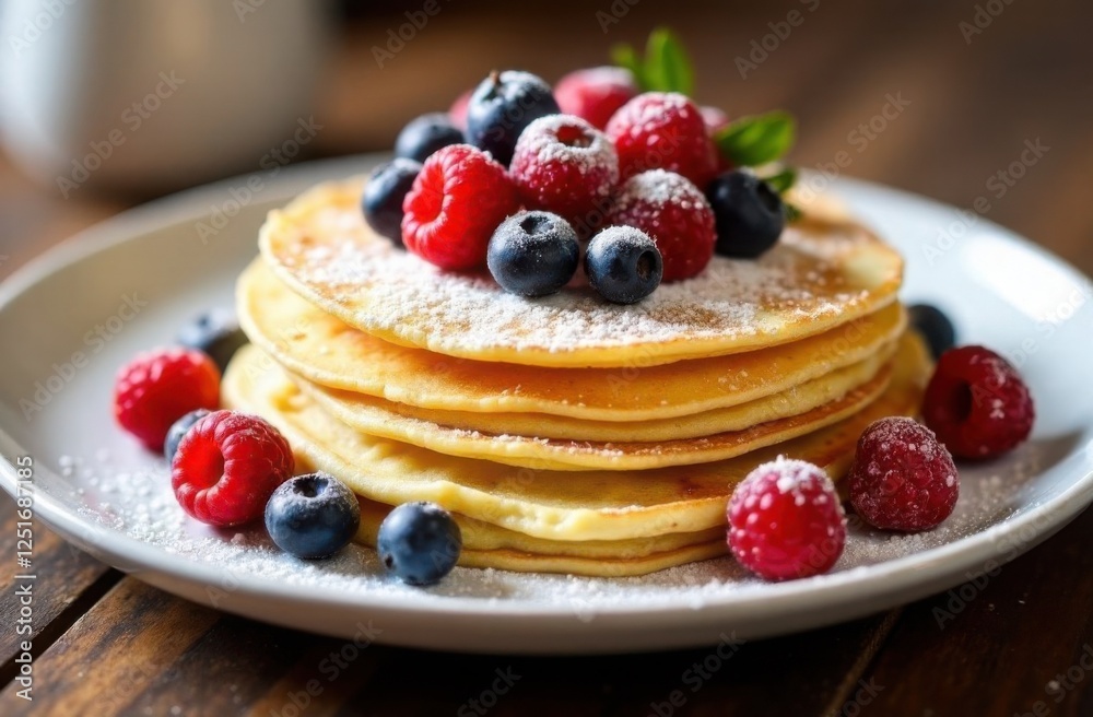 Delicious pancakes with berries on plate on the table for breakfast Delicious pancakes with berries on plate on the table for breakfast