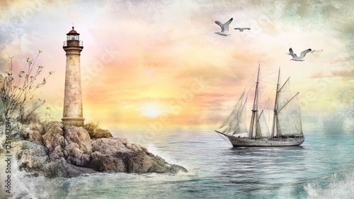 Wallpaper Mural Sunset with lighthouse, sailing ship, ocean, and seagulls Torontodigital.ca