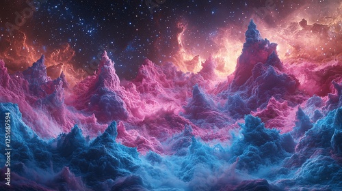 Abstract cosmic mountainscape, vibrant nebulae photo