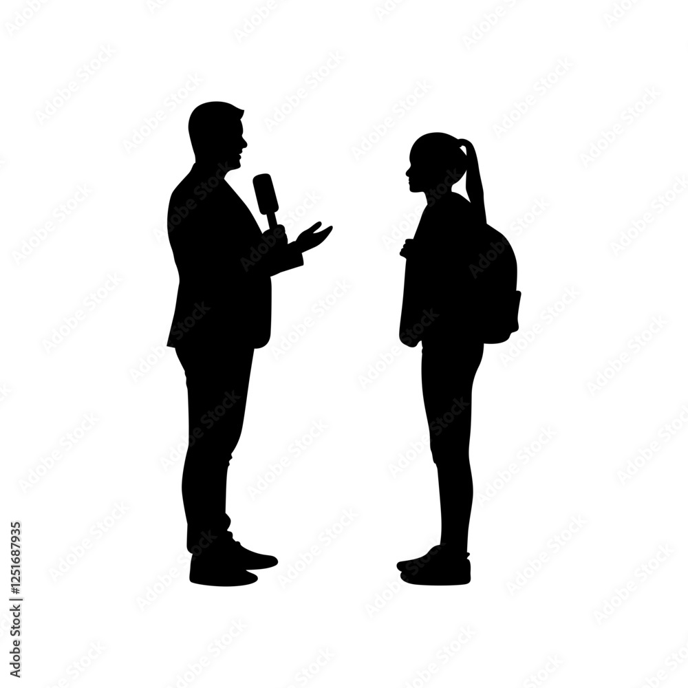 A journalist interviewed students using black and white vectors. A journalist interviewed students using black and white vectors.