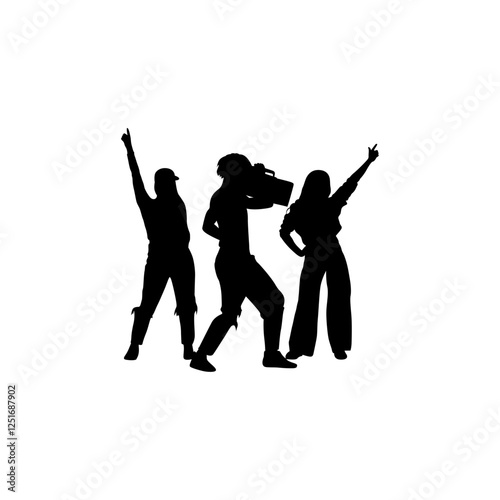 Vector illustration of a man holding a boombox and two girls dancing behind him
