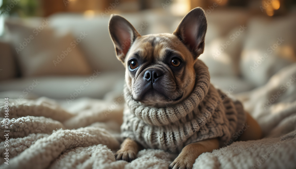 Adorable French Bulldog wearing a cozy knitted sweater sitting on a soft couch in a stylish atmosphere Adorable French Bulldog wearing a cozy knitted sweater sitting on a soft couch in a stylish atmosphere