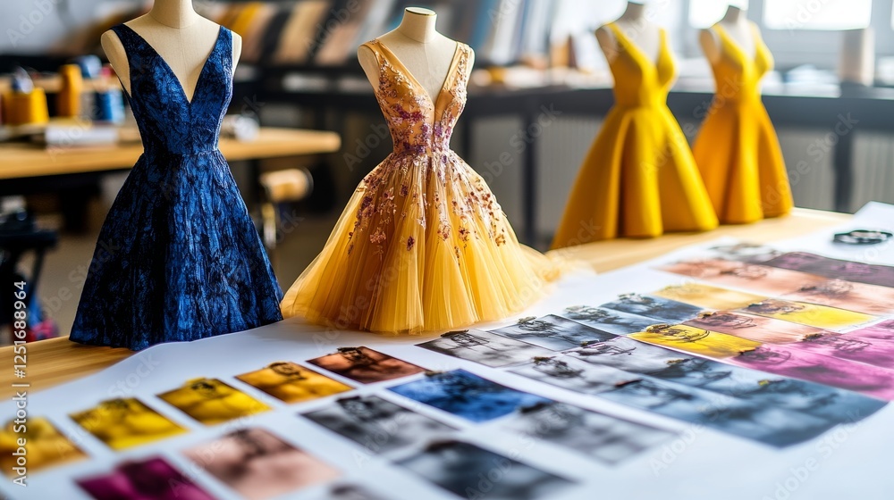 Fototapeta premium Fashion Dress Sketches Next to Colored Pencils and Fabric Samples in a Designer's Studio