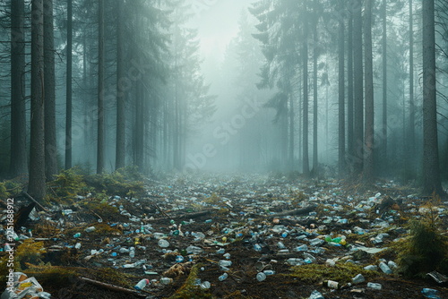 Plastic trash on a campsite in the forest. Nature pollution after tourists