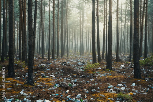 Plastic trash on a campsite in the forest. Nature pollution after tourists