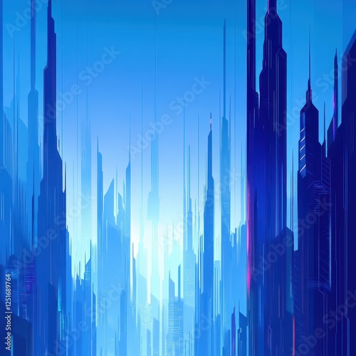 Futuristic cityscape rendered in cool shades of blue color
