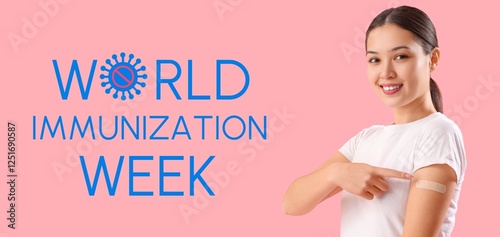 Woman after vaccination on pink background. World Immunization Week photo