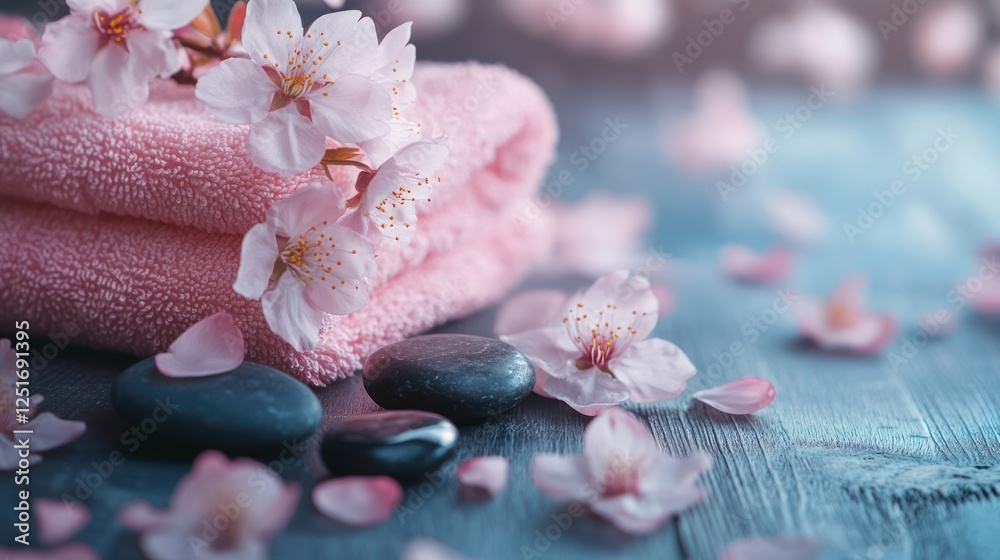 Photo of pink towels and cherry blossoms with hot stones on a wooden table, a spa concept background for massage or beauty treatment Photo of pink towels and cherry blossoms with hot stones on a wooden table, a spa concept background for massage or beauty treatment