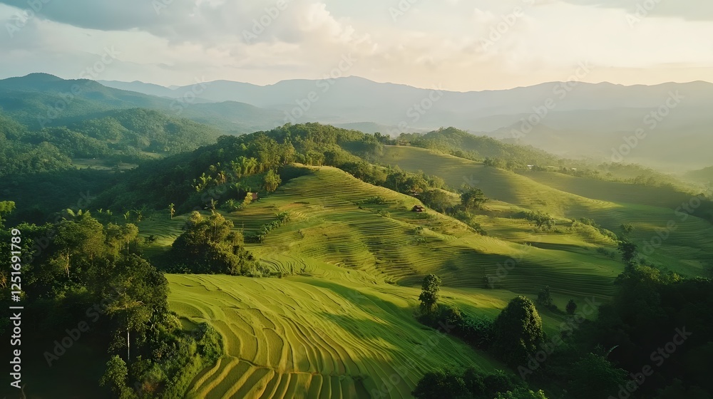Obraz premium Lush green landscape with rolling hills, tranquil scene under soft sunlight, ideal for nature-themed projects and relaxation.