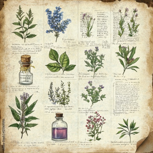 Botanical illustrations show herbs plants and apothecary bottles on parchment