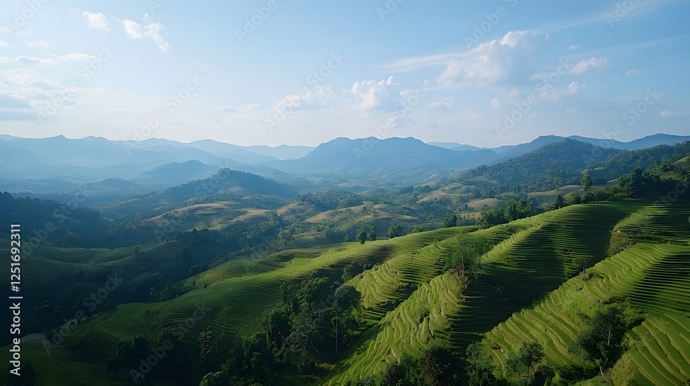 Fototapeta premium Lush green mountains under a clear blue sky, serene landscape showcasing rolling hills and vibrant nature, perfect for relaxation.