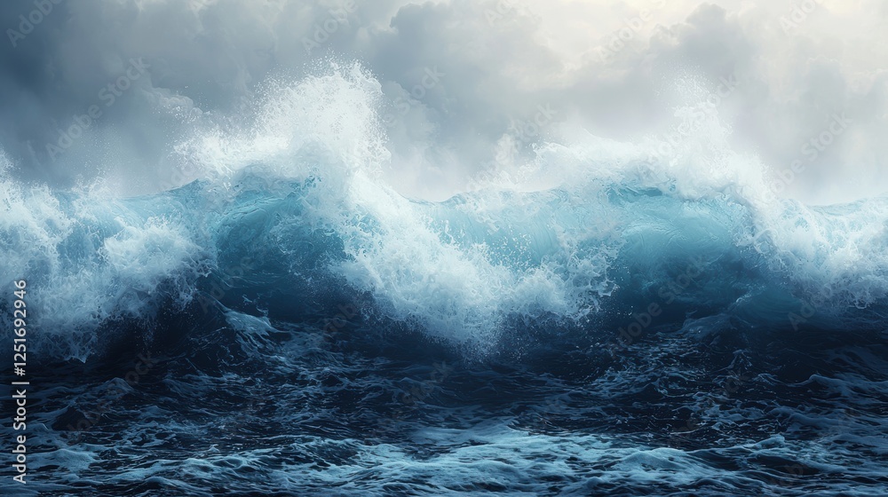 Obraz premium Turbulent ocean waves crashing under a cloudy sky, evoking nature's power.