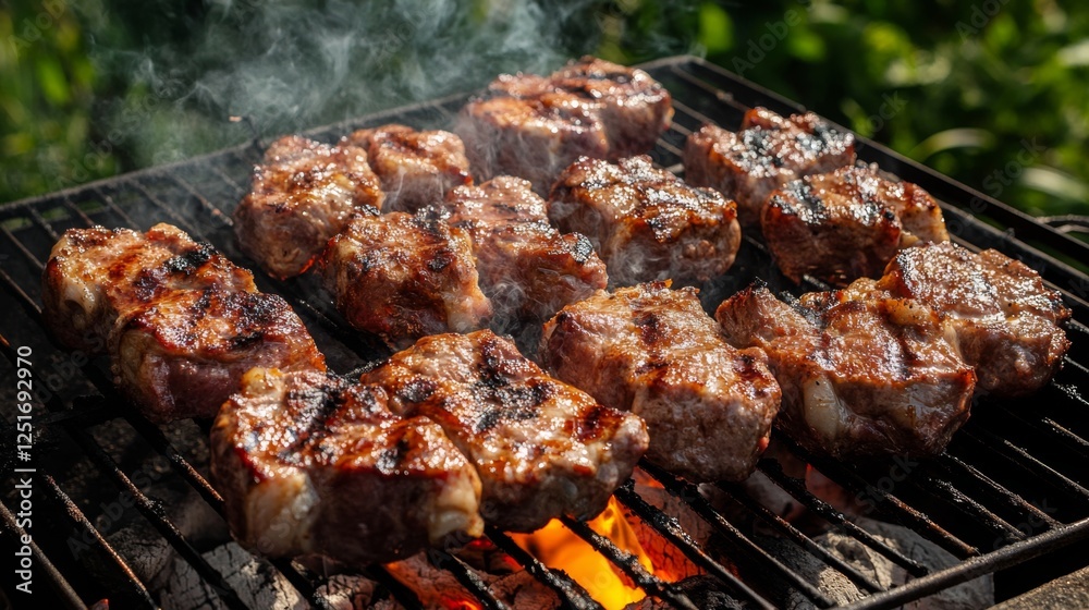 Grilling meat on an open flame with visible heat and smoke, outdoor BBQ setting Grilling meat on an open flame with visible heat and smoke, outdoor BBQ setting
