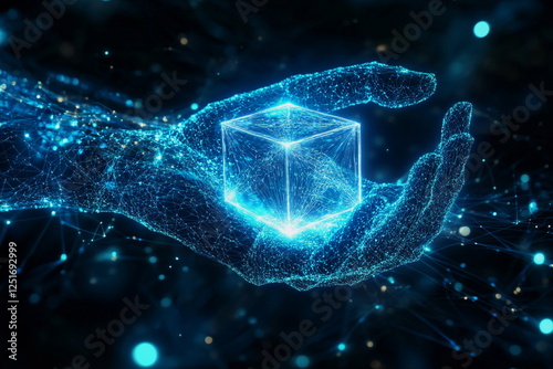 Blockchain visualization. Digital hand holding information cube