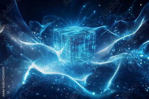 Blockchain visualization. Digital hand holding information cube