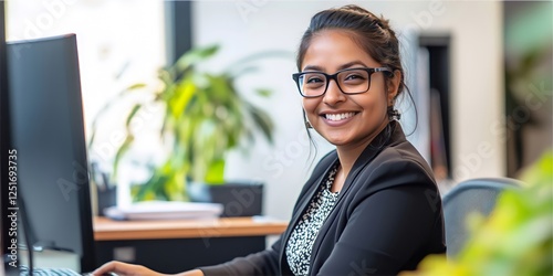 Photo of an company's manager.  facing forward, sitting at a computer, and receiving messages. photo