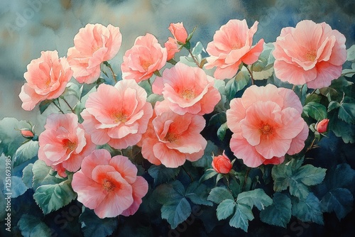 Watercolor Pink Roses and Geraniums Floral Painting with Detailed Leaves for Botanical Art Designs