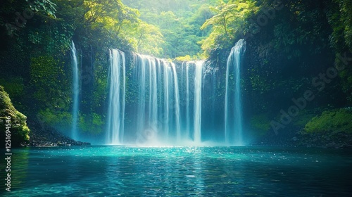 Lush waterfall cascading into turquoise pool, jungle backdrop. Possible use Nature wallpaper
