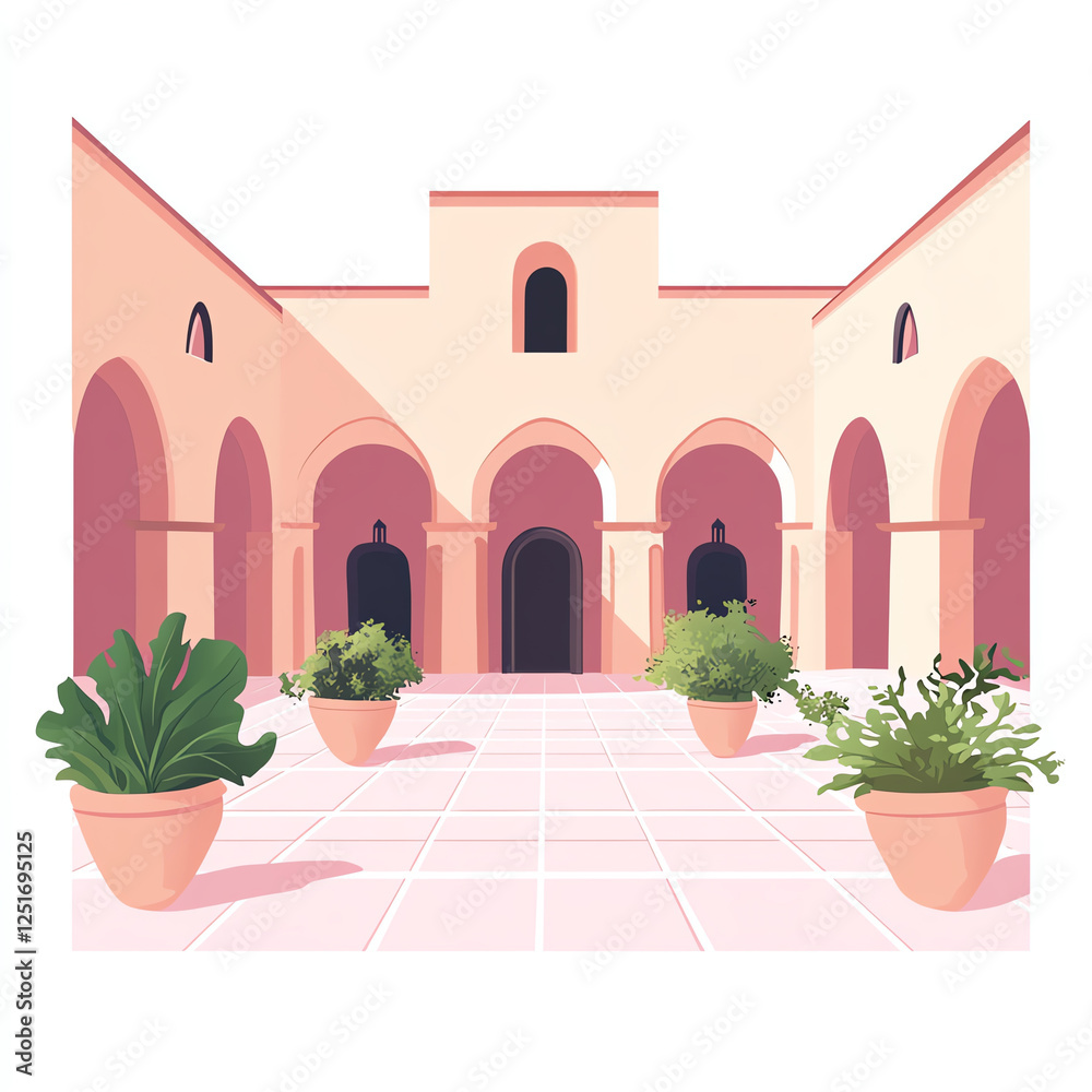 Fototapeta premium A vibrant illustration of a courtyard featuring charming arches and lush greenery in pots. The warm colors and serene ambiance create a peaceful atmosphere for relaxation.