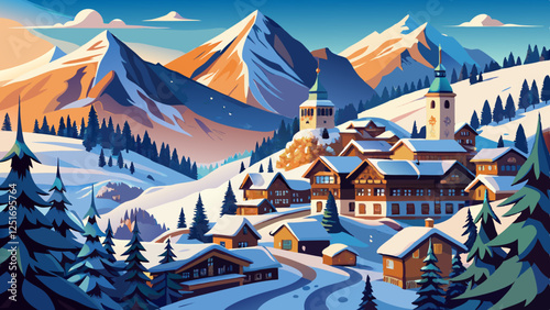 A breathtaking winter view of Chamonix village in the French Alps surrounded by snow-capped mountains and ski lifts