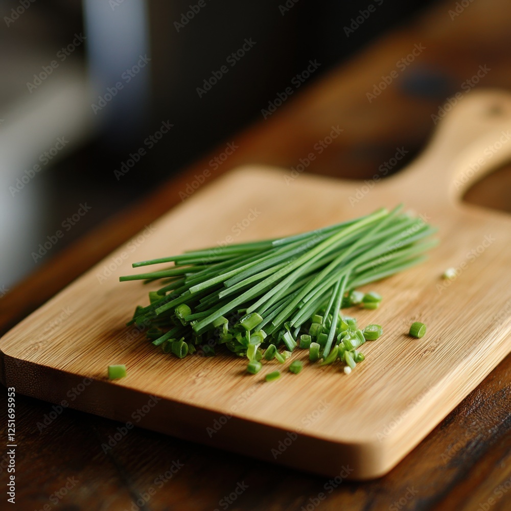 Freshly Chopped Chives on a Wooden Cutting Board for Culinary Uses Freshly Chopped Chives on a Wooden Cutting Board for Culinary Uses